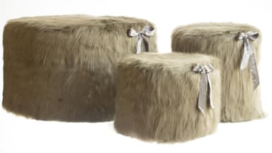 NORMAN green fur pouf with silver ribbon, set of 3