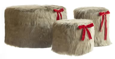 NORMAN green fur pouf with red ribbon, set of 3