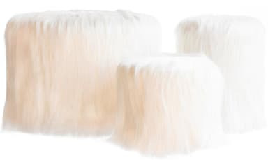 NORMAN white fur pouf, set of 3