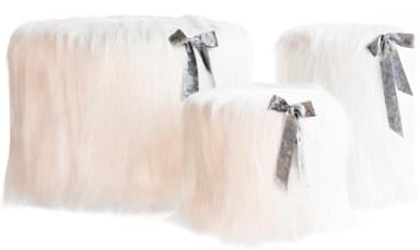 NORMAN white fur pouf with silver ribbon, set of 3