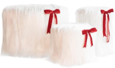NORMAN white fur pouf with red ribbon, set of 3