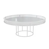 White round CORNELL table with white plastic shelve and clear glass top