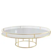 Gold round CORNELL KIDS table with white plastic shelve and clear glass top