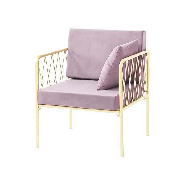 Single-seat lounge armchair with gold metal frame, open back and velvet cushion—accent lounge setup (rental, Dubai).