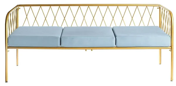 Lounge bench with gold metal frame and velvet cushion(s), visually light centerpiece setup (rental, Dubai).
