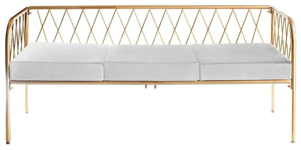 Lounge bench with gold metal frame and velvet cushion(s), visually light centerpiece setup (rental, Dubai).