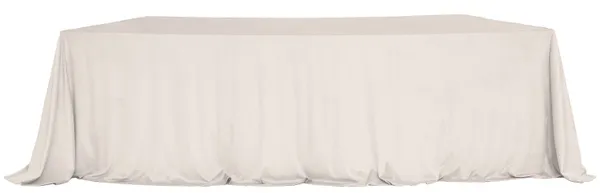 LARGO beige velvet tablecloth on a serpentine (wave) table — seamless top, floor-length drape with soft corner pooling.