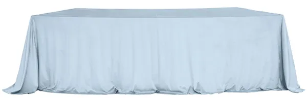 LARGO blue velvet tablecloth on a serpentine (wave) table — seamless top, floor-length drape with soft corner pooling.