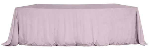 LARGO heather velvet tablecloth on a serpentine (wave) table — seamless top, floor-length drape with soft corner pooling.