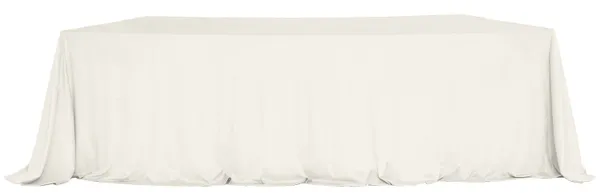 LARGO ivory velvet tablecloth on a serpentine (wave) table — seamless top, floor-length drape with soft corner pooling.