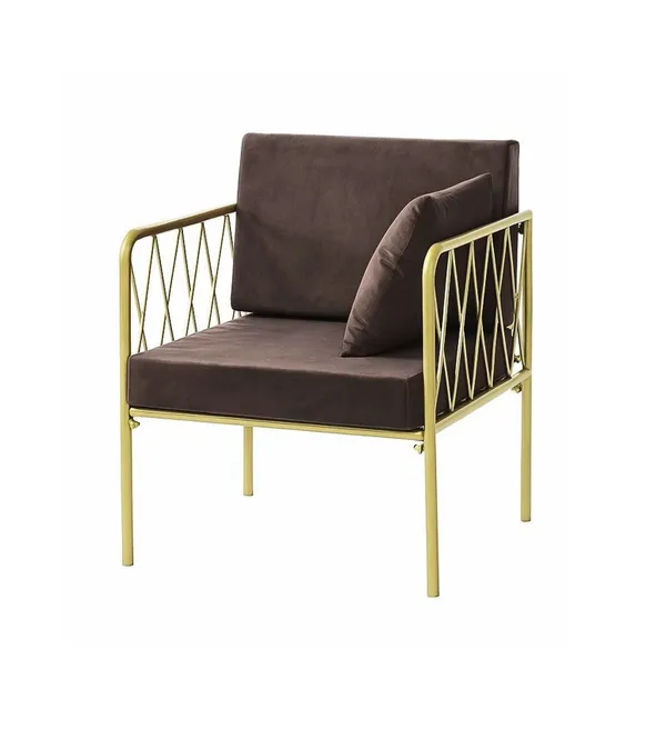 Single-seat lounge armchair with gold metal frame, open back and velvet cushion—accent lounge setup (rental, Dubai).