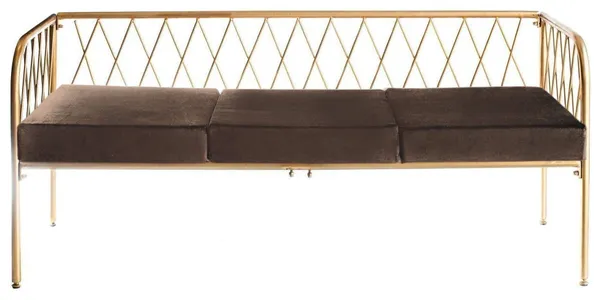 Lounge bench with gold metal frame and velvet cushion(s), visually light centerpiece setup (rental, Dubai).