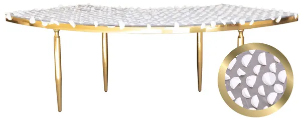 Gold serpentine table with a unique designer fantasy tabletop.