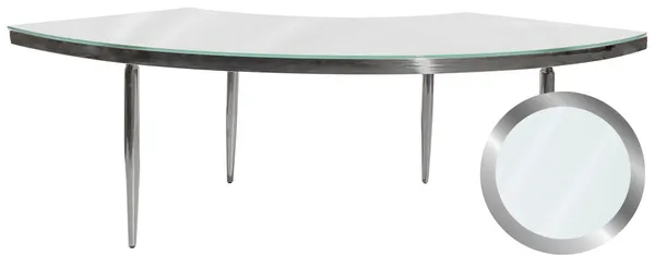 Silver-base event table with a smooth white tempered glass top.