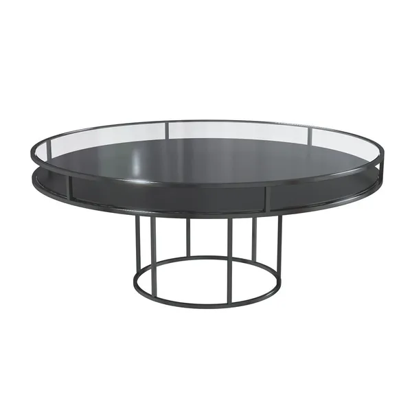 Black round CORNELL table with black plastic shelve and clear glass top
