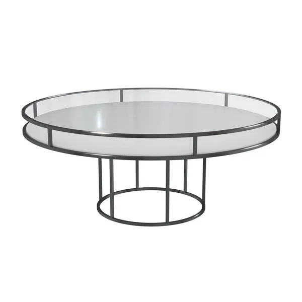 Black round CORNELL table with white plastic shelf and clear glass top