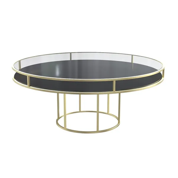 Gold round CORNELL table with black plastic shelve and clear glass top