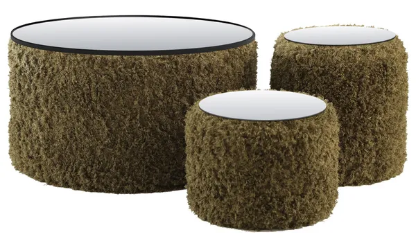 MOSS NORMAN TABLES, set of 3 round poufs with mirrored tops, moss #810
