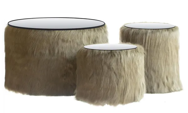 NORMAN FUR TABLES, set of 3 round poufs with mirrored tops, green fur #824