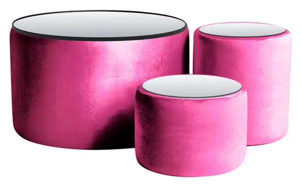 NORMAN TABLES, set of 3 round poufs with mirrored tops, barbie pink #942