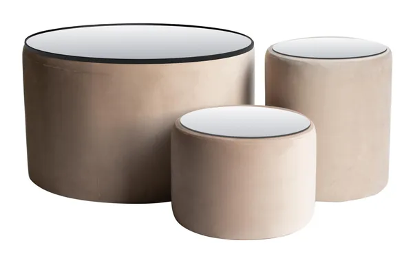 NORMAN TABLES, set of 3 round poufs with mirrored tops, beige #403