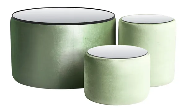 NORMAN TABLES, set of 3 round poufs with mirrored tops, fern #334/901