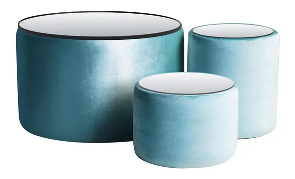 NORMAN TABLES, set of 3 round poufs with mirrored tops, ice blue #903/921