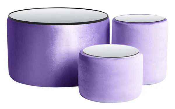 NORMAN TABLES, set of 3 round poufs with mirrored tops, ice lavender #337