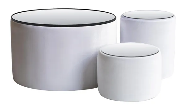 NORMAN TABLES, set of 3 round poufs with mirrored tops, ice white #321