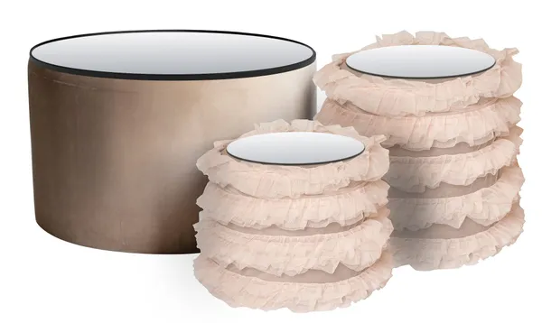 RUFFLES TABLES, set of 3 round poufs with mirrored tops, #815