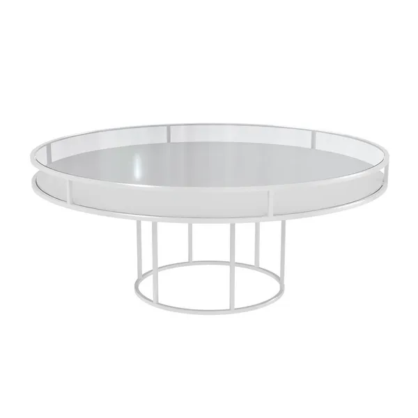 White round CORNELL table with white plastic shelve and clear glass top