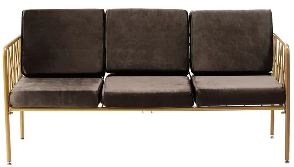 Three-seater lounge sofa with gold metal frame, open back and velvet cushions—centerpiece lounge setup (rental, Dubai).