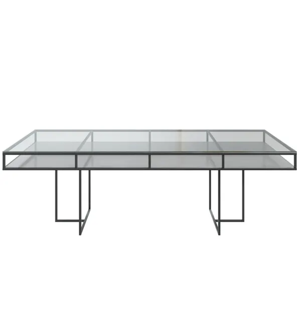 Black rectangular CORNELL table with white plastic shelve and clear glass top