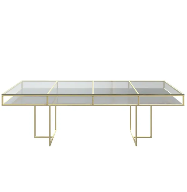 Gold rectangular CORNELL table with white plastic shelve and clear glass top