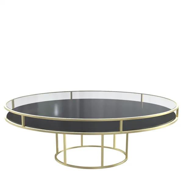 Gold round CORNELL KIDS table with black plastic shelve and clear glass top