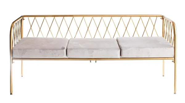 Lounge bench with gold metal frame and velvet cushion(s), visually light centerpiece setup (rental, Dubai).