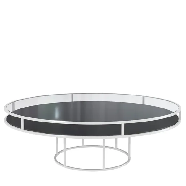 White round CORNELL KIDS table with black plastic shelve and clear glass top