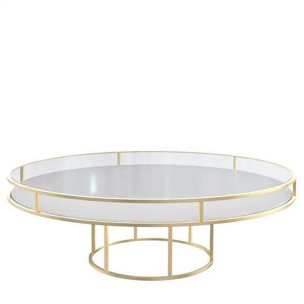 Gold round CORNELL KIDS table with white plastic shelve and clear glass top