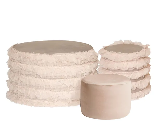 Set of 3 round RUFFLES poufs for elegant event rental in Dubai | Go Rent