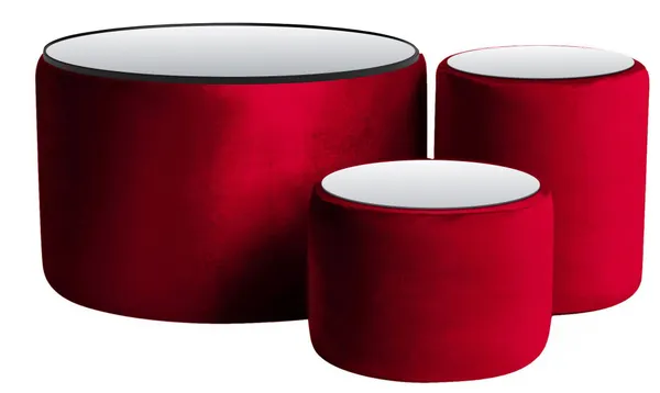 NORMAN TABLES, set of 3 round poufs with mirrored tops, cherry color #342