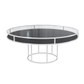White round CORNELL table with black plastic shelf and clear glass top