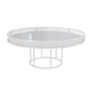 White round CORNELL table with white plastic shelf and clear glass top